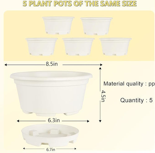 5 Pack 8.5 inch Plant Pot,Outdoor Flower Pots,Plastic pots for Plants Indoor with Drainage Holes and Trays, Decorative Garden Containers Sets for Houseplants
