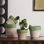 Terracotta Plant Pots Set of 2-5.9 Inch Vintage Pattern Clay Flowerpots with Green Rim & Drainage Holes, Decorative Terra Cotta Pots for Indoor Outdoor Garden Home Decor