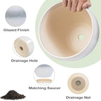 Ceramic Pots for Plants - 8 Inch Planter with Drainage Hole and Saucer, Round Flower Pot for Indoor Outdoor Plants, Decorative Planter, House Patio Decor, Housewarming Gifts, White-Grey