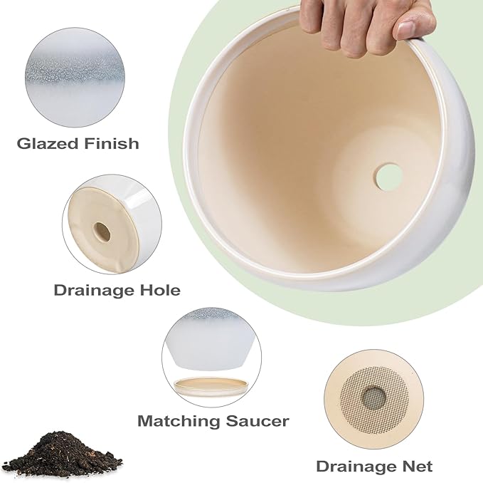Ceramic Pots for Plants - 8 Inch Planter with Drainage Hole and Saucer, Round Flower Pot for Indoor Outdoor Plants, Decorative Planter, House Patio Decor, Housewarming Gifts, White-Grey