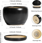 SQOWL Ceramic Plant Pots - 8 Inch Planter Indoor, Round Flower Pot with Drainage Hole and Saucer, Modern Outdoor Planter, Apartment Decor, Gifts for Plant Lovers, Black