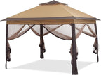 GDY 11x11 Pop Up Canopy Tent, Outdoor Canopy with Netting, Outdoor Gazebo for Backyard, Tent with Handbag, Brown.