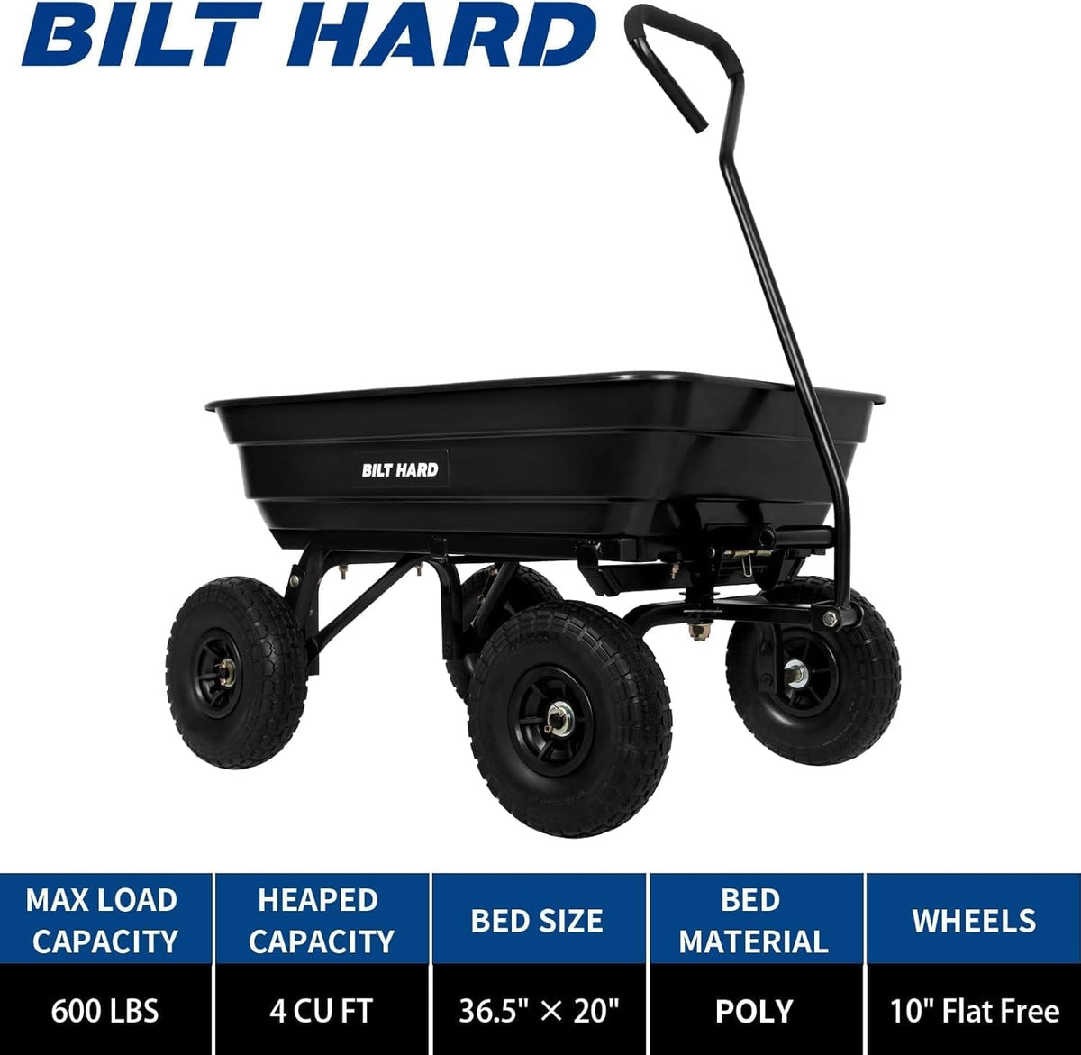 bilt hard poly garden dump cart 600 lbs shown in use