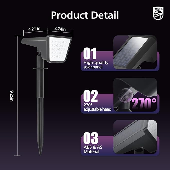 Philips 6 Packs Solar RGBW Spot Lights Outdoor, 18 LED Solar Powered Landscape Lights, 9 Lighting Modes Color-Changing Dusk to Dawn Waterproof Pathway Spotlights for Garden Trees Halloween Christmas