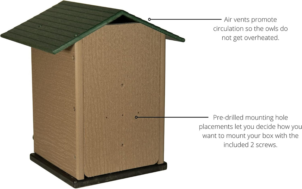 Poly Screech Owl Nesting Box, Saw-Whet and Kestrel Owl House, Green and Tan
