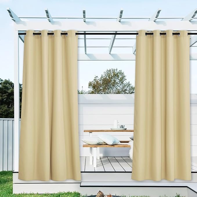 NICETOWN 2 Panels Outdoor Curtains for Patio Waterproof, Weatherproof Grommet Top Thick Indoor Outdoor Vertical Drapes Heat Block Dustproof for Porch/Cabana/Gazebo, Beige, W55 x L78