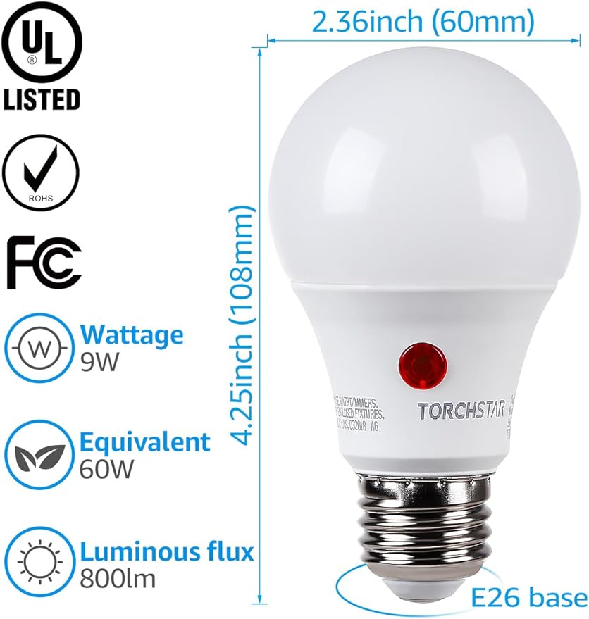 TORCHSTAR Dusk to Dawn Light Bulbs Outdoor, Sensor A19 LED Light Bulb, Auto on/Off Photocell Automatic for Outdoor Lighting, UL FCC DOE, 5000K, Pack of 4