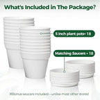 T4U Flower Pots 18-Pack, 5 Inch Plant Pot with Saucer and Drainage Hole, Durable Plastic Flower Pots, Small Pots for Plants, Violet, Succulent and Indoor Plant Decorative (18 Pack 5" Pot, White)