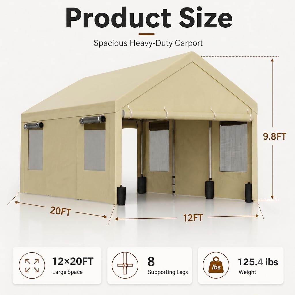 nuturelly 12x20 heavy duty carport, portable garage for shown in use