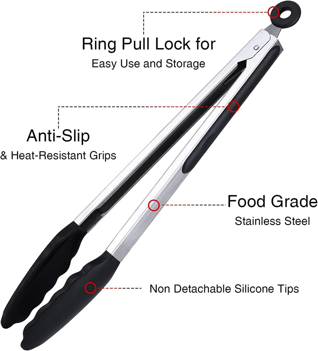 7/9/12 Inch Kitchen Tongs Set of 3, Cooking Tongs with Silicone Tips | For Cooking/Serving/Grilling | Heat-Resistant | Food-Grade Material | Dishwasher Safe | Black