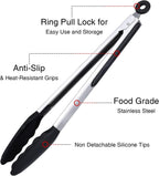 7/9/12 Inch Kitchen Tongs Set of 3, Cooking Tongs with Silicone Tips | For Cooking/Serving/Grilling | Heat-Resistant | Food-Grade Material | Dishwasher Safe | Black