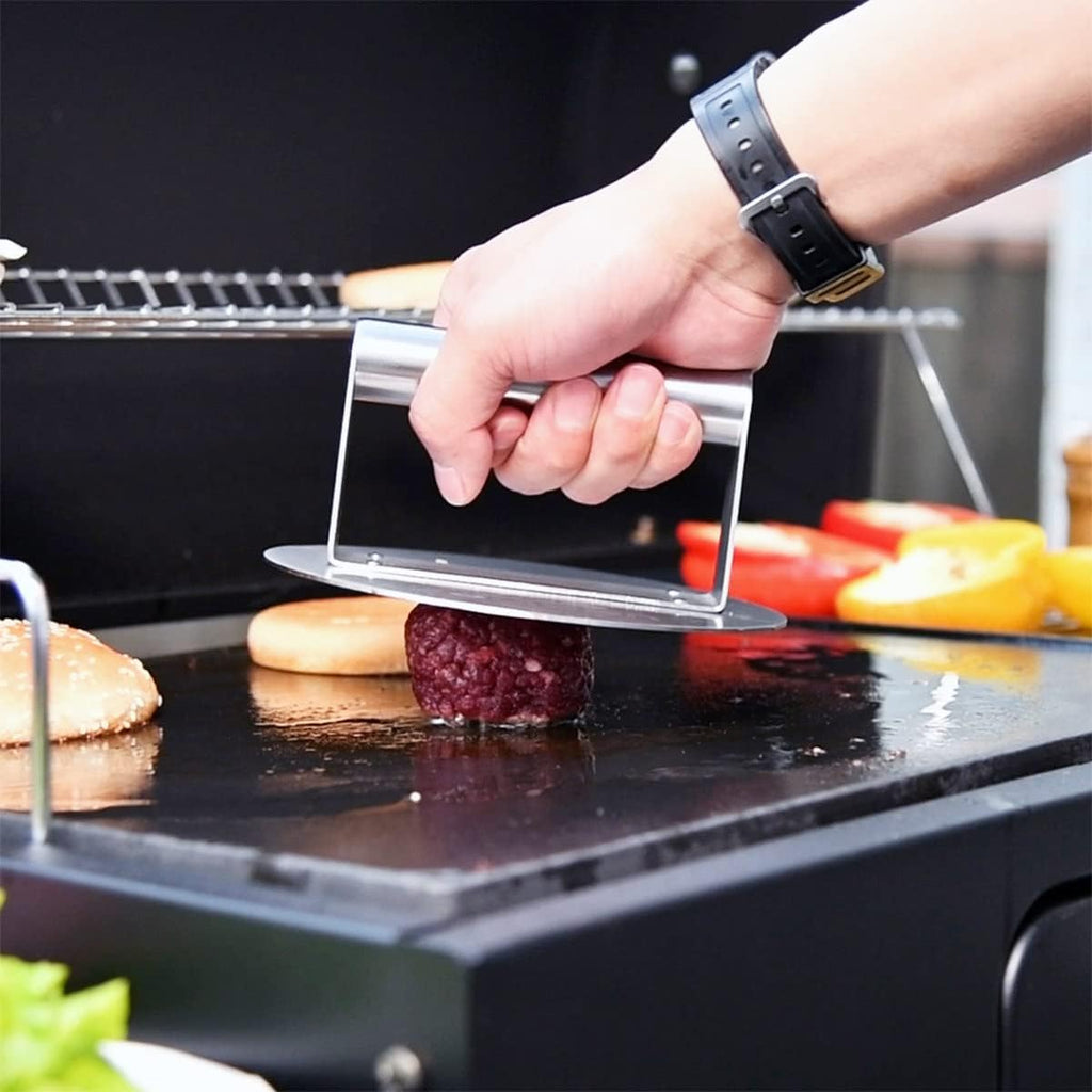 HULISEN Stainless Steel Burger Press, 6.2 inch Round Burger Smasher, Professional Griddle Accessories Kit, Grill Press Perfect for Flat Top Griddle Grill Cooking | Flat Edge, Even Pressure for Thin Patties, Dishwasher Safe, Griddle Accessories Fit Flat
