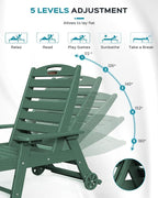 Outdoor Lounge Chair Set of 4, All Weather Patio Chaise Lounge Chair for Outside, HDPE Chair with Rolling Wheels & Cup Holder, 5 Position, Deck, Pool, Green