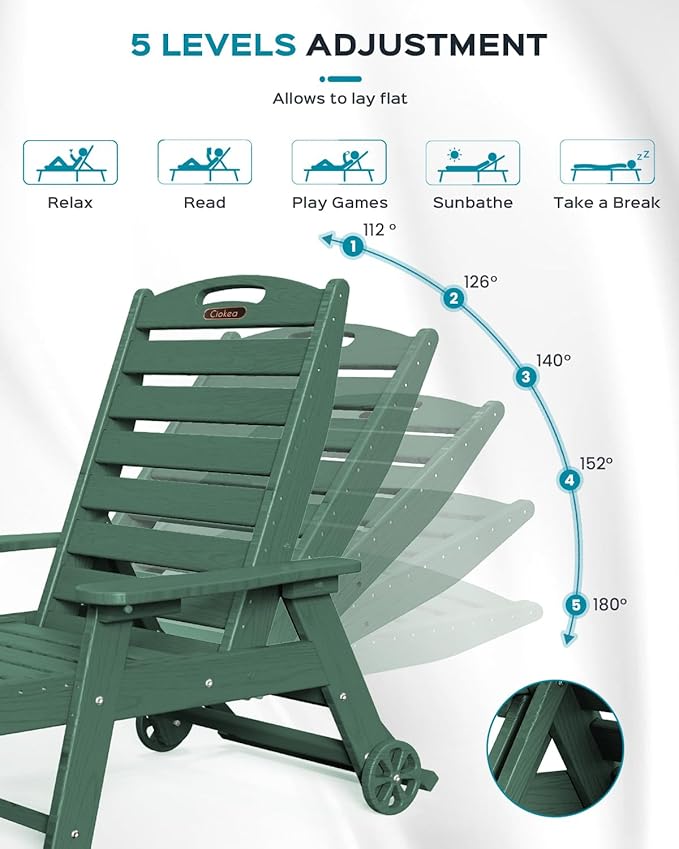 Outdoor Lounge Chair Set of 4, All Weather Patio Chaise Lounge Chair for Outside, HDPE Chair with Rolling Wheels & Cup Holder, 5 Position, Deck, Pool, Green