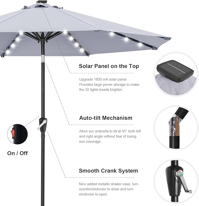 ABCCANOPY Durable Solar Led Patio Umbrellas with 32LED Lights 11FT (Grey)