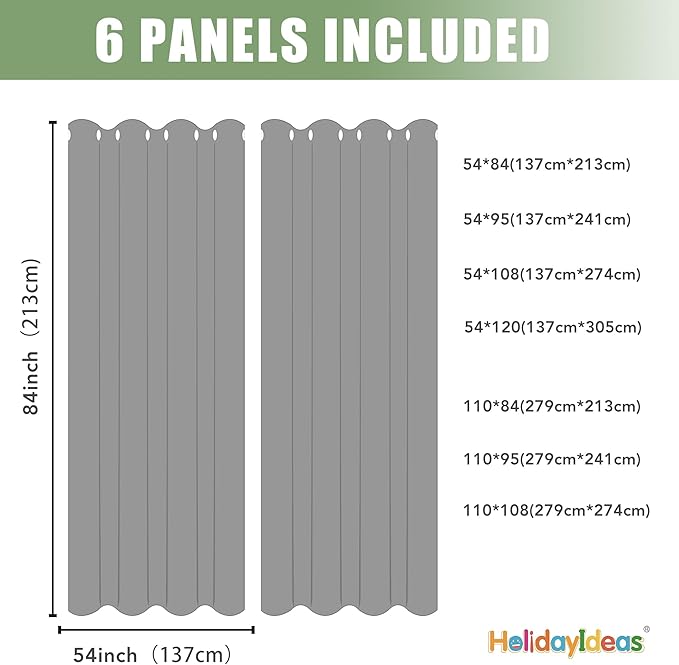 HolidayIdeas Outdoor Curtains for Patio Waterproof, 6 Panels - 54x84 Inches - Weatherproof Privacy Outsides Curtains for Cabana Porch Pergola, Sunlight & UV Blocking (Grey, Grommet Top)