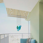 stained glass window hanging, crystal suncatcher, blue-green showing dimensions