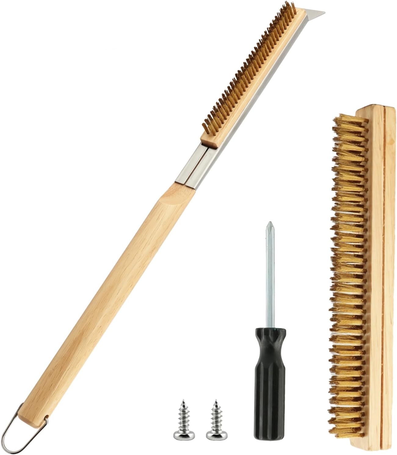 21'' Pizza Oven Brush with Stainless Steel Stone Scraper | Heat Resistant Brass Bristles, Pizza Stone Brush Compatible with Ooni, Gozney, & Similar Ovens, Includes Spare Head