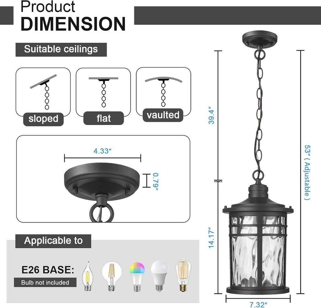 Darkaway Large Outdoor Pendant Lights for Porch, 15inch Outdoor Chandelier Hanging Porch Lights Outside Ceiling Mount Aluminum with Water Ripple Glass for Front Porch Gazebo Patio