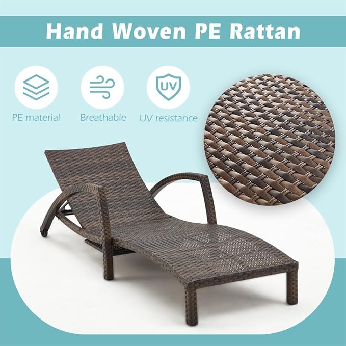 Chaise Lounge Chairs Outdoor Set of 2, Comfy Outside Wicker Patio Pool Lounge Chair w/ 5 Adjustable Back Angle, Cup Holder, Thicken Cushion
