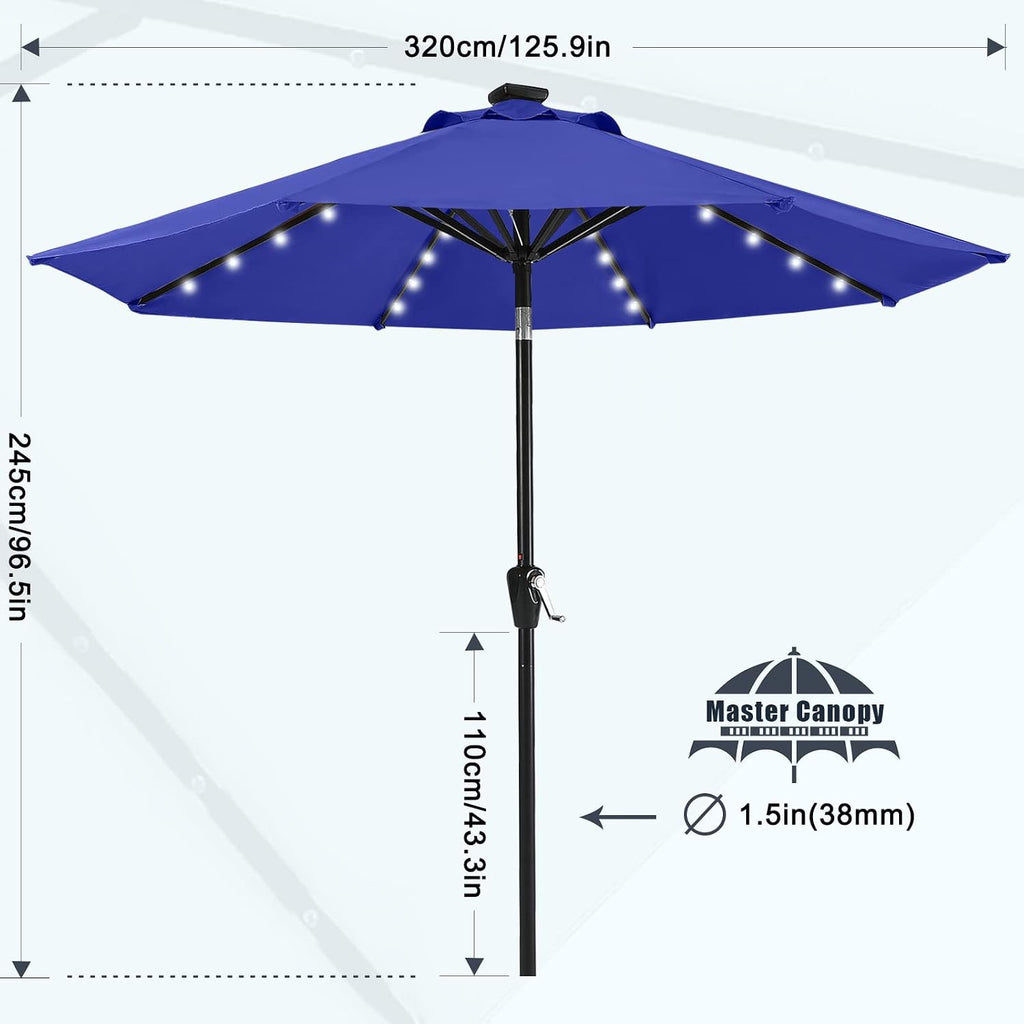 MASTERCANOPY 11ft Patio Umbrella with Solar Lights, Blue | 8 Ribs, 32 Solar LED Lights, Tilt & Crank, UV/Water-Resistant, Easy Setup – Ideal for Garden, Deck, Pool