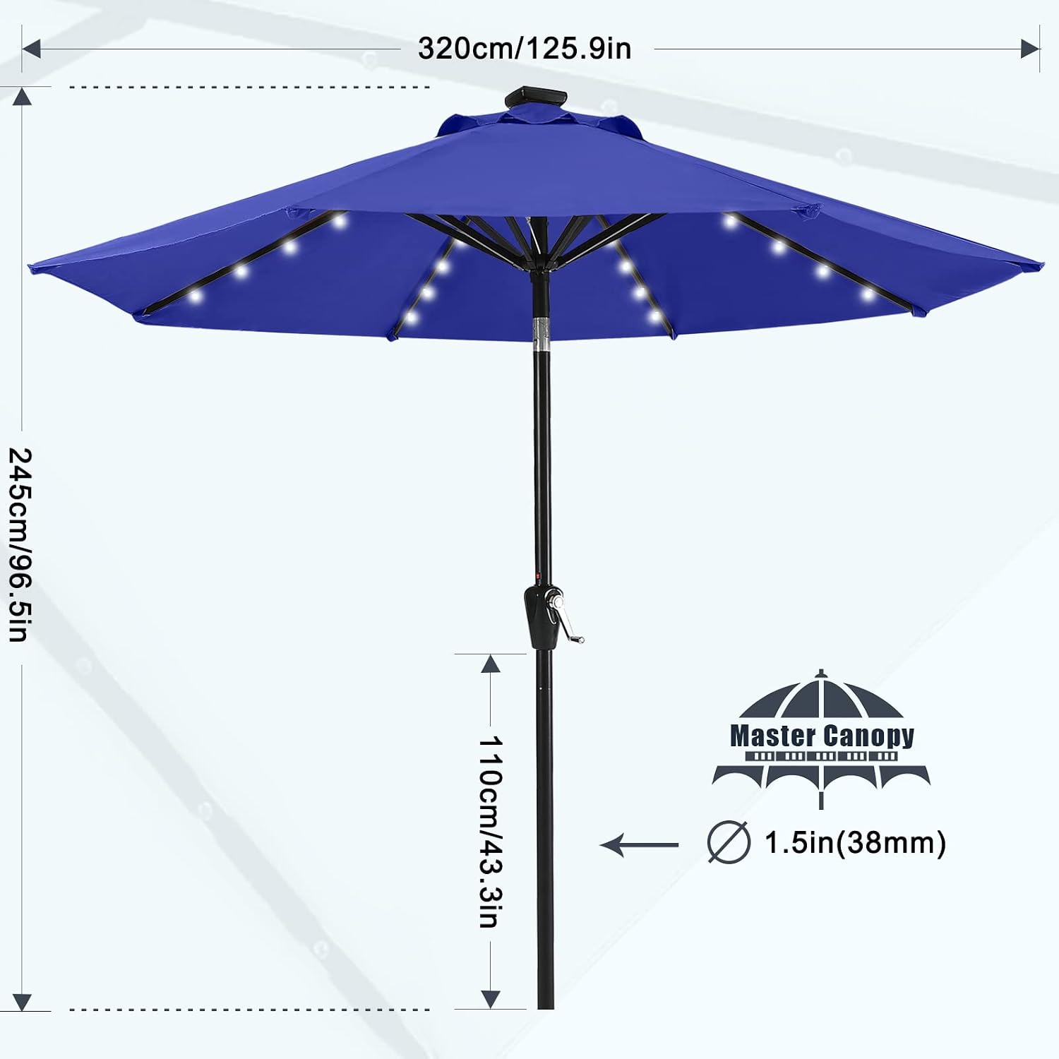MASTERCANOPY 11ft Patio Umbrella with Solar Lights, Blue | 8 Ribs, 32 Solar LED Lights, Tilt & Crank, UV/Water-Resistant, Easy Setup – Ideal for Garden, Deck, Pool