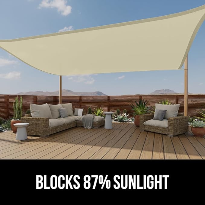 GORILLA GRIP Heavy Duty Sun Shade, UV Protection Fade Tear and Rust Resistant Triangle Sunshade Canopy, Curved Edges Blocks Sunlight, Breathable Sail, Outdoor Patio, Lawn Garden Butter Cream