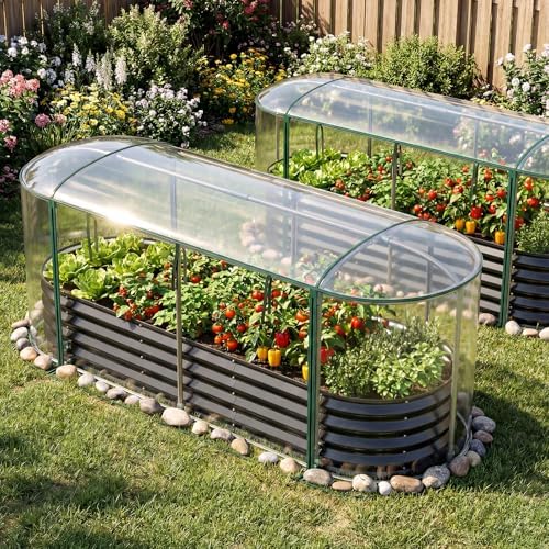 giantex raised garden bed w/greenhouse cover, outdoor oval shown in use