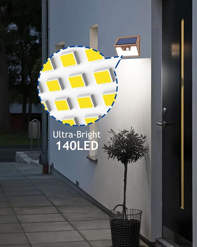 Peasur Solar Lights Outdoor Motion Sensor [3 Pack/140LED/Brown], Ultra-Bright 3 Mode Fence Security Light Waterproof, Solar Wall Lighting for Patio Yard Step House Outside