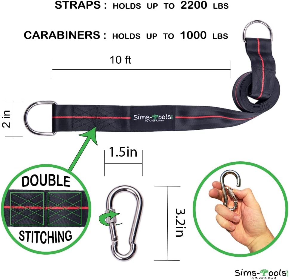 Tree Swing Straps Hanging Kit - Two 10ft Extra Long Heavy Duty 2200lbs and Two Safe Lock Snap Carabiner - Perfect for Any Types of Swing - Fast and Easy Installation