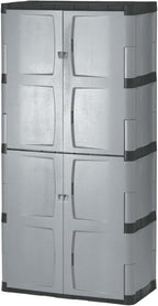 Rubbermaid Freestanding Storage Cabinet Five Shelf with Double Doors Lockable Large 690-Pound Capacity Gray For Garage/Outdoor Garden Tools/Toys/Power Tools/Pool Accessories Grey