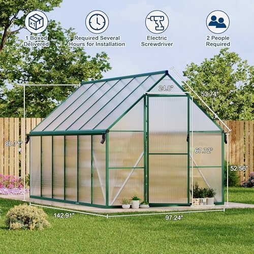 8'x12' aluminum-framed polycarbonate greenhouse, heavy duty green house shown in use