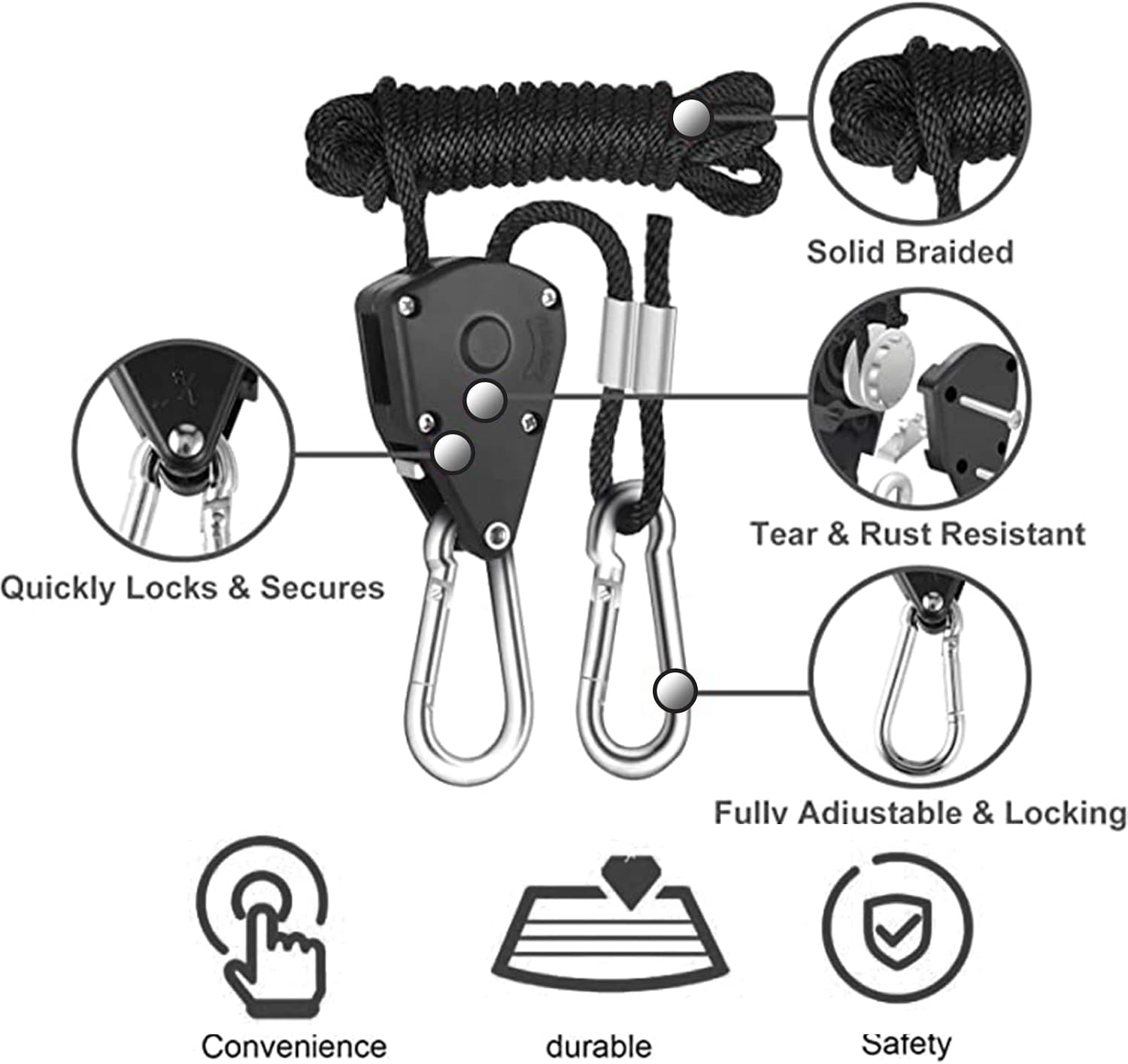 2 PCS 1/8 inch Heavy Duty Adjustable Grow Light Rope Hanger, 150 lbs Light Rope Hangers for Grow Plant Fan Filter Light Room Equipment