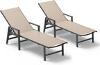 Patio Chaise Lounge Chair Outdoor with Wheels&Armrests, Aluminum Pool Lounge Chairs Set of 2 Five-Position Adjustable Recliner, Outdoor Beach Lounge Chairs for Outside, Patio, Deck, Yard, Khaki