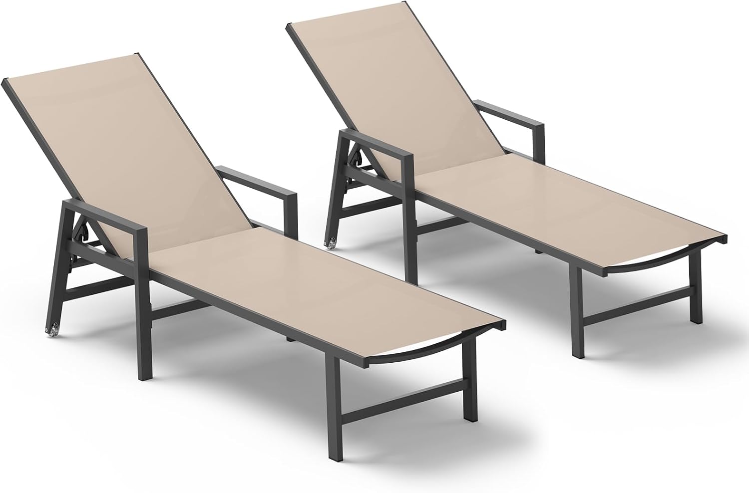 Patio Chaise Lounge Chair Outdoor with Wheels&Armrests, Aluminum Pool Lounge Chairs Set of 2 Five-Position Adjustable Recliner, Outdoor Beach Lounge Chairs for Outside, Patio, Deck, Yard, Khaki