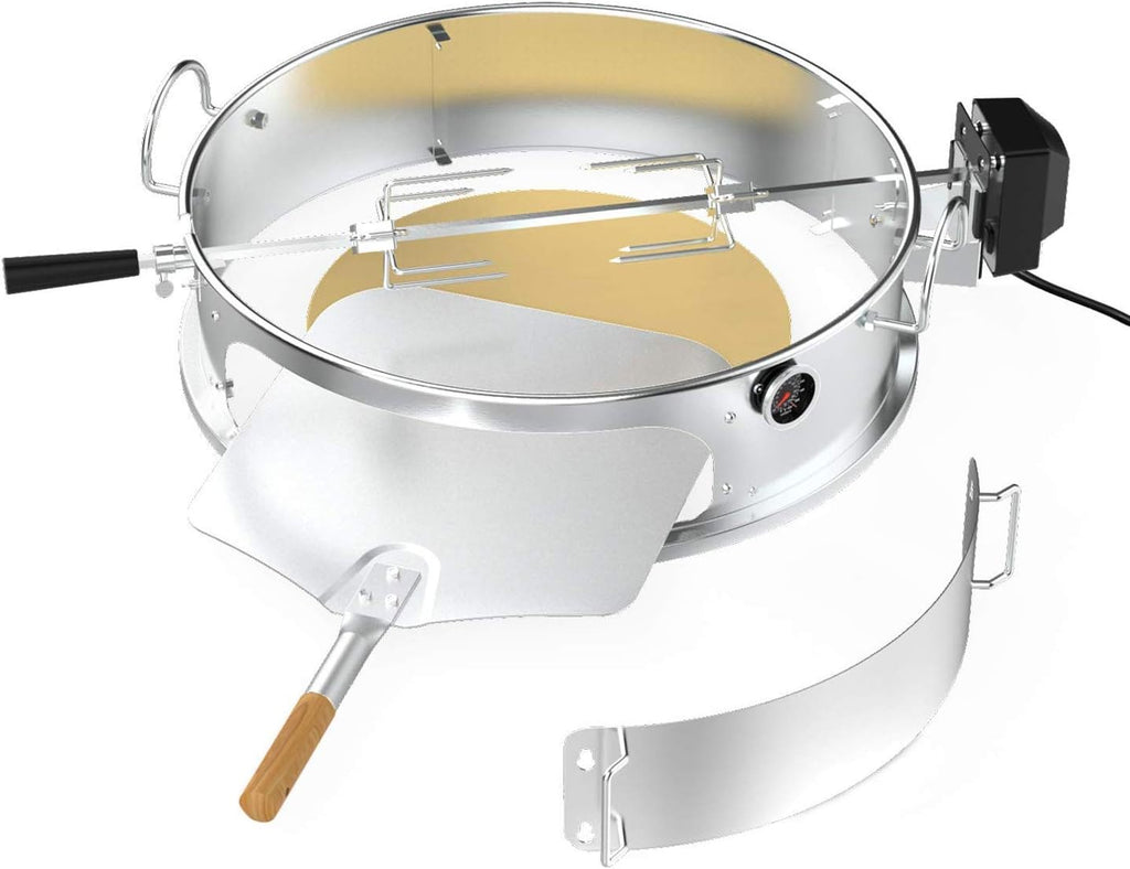 onlyfire Stainless Steel Multi-purpose Rotisserie and Pizza Combo Kit | For Weber 22-Inch Kettle Charcoal Grills, Include Pizza Peel and Pizza Stone