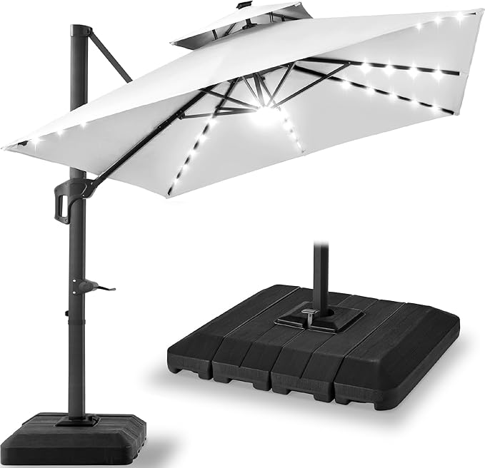 Best Choice Products 9x12ft LED Cantilever Patio Umbrella w/Base Included & 360° Rotation, Large Solar Offset Hanging Outdoor Sun Shade for Deck, Backyard Table w/Stand & Lights – Fog Gray
