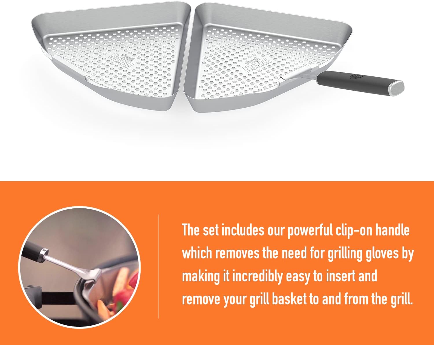 Grill Basket for Kettle Grills, 2 Stainless Baskets | Includes clip-on handle, designed for 22 inch kettle grills. Fish and vegetable grill basket.