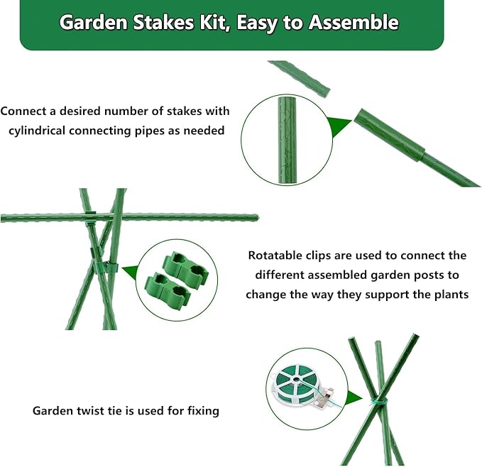 Garden Stakes Kit, 40 Sets 16 inch 0.43" in Diameter Steel Plant Stick Support (with Accessories Total 91 pcs), DIY 3ft 4ft 5ft 6ft 7ft Sturdy Tomato Stakes for Indoor & Outdoor Gardening Supplies