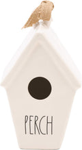 Rae Dunn by Magenta Perch Ceramic LL Decorative Slant Roof Birdhouse with Burlap Ribbon & Bird Sketch Icon