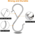 16 Pack S Shaped Hooks - 3.5 inch Heavy Duty Hooks with Safety Buckle for Hanging Plants, Clothes, Kitchen Utensils, Bags (Silver)