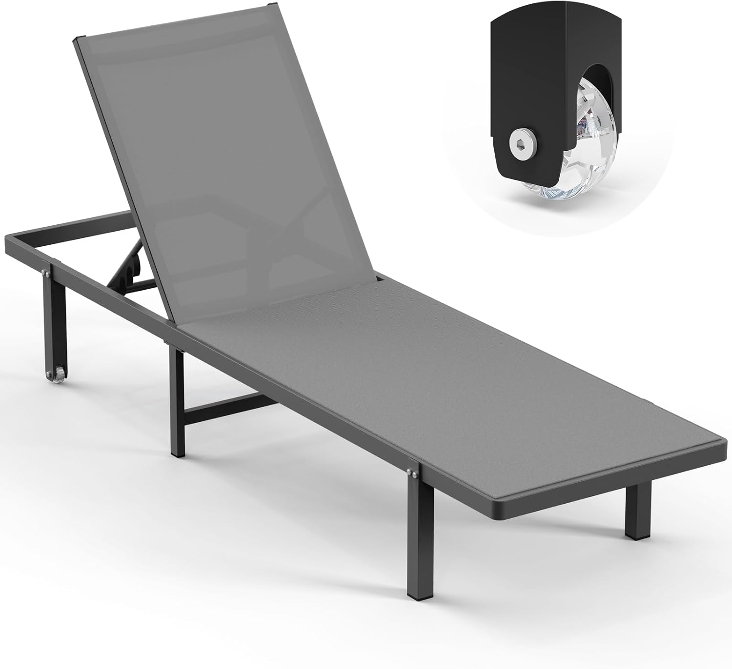 Lounge Chair Outdoor with Wheels, Aluminum Chaise Lounge Outdoor Chair with 5 Adjustable Backrest - Easy to Move- Pool Lounge Chairs for Patio, Poolside (Darkgray)