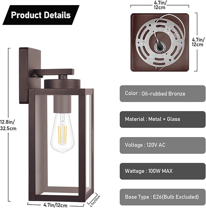BesLowe Outdoor Wall Light Fixtures, Exterior Waterproof Wall Lanterns, Brown Porch Sconces Lighting with E26 Sockets, Modern Outside Lights for House Patio Front Door Entryway, 2-Pack