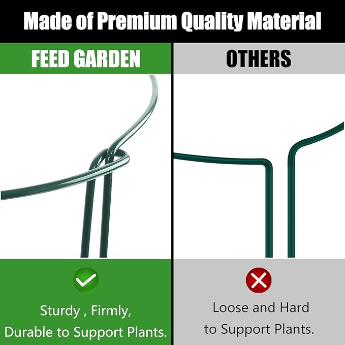 FEED GARDEN 12 Pack Plant Support Stakes, Peony Cages and Supports, Metal Garden Plant Stake(10" Wide x 16" High) Green Half Round Plant Support Rings for Outdoor Indoor Plants, Tomato, Hydrangea