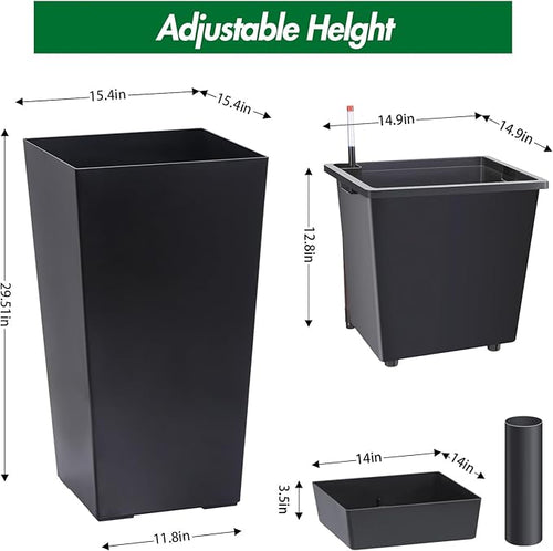 30 Inch Tall Self Watering Planters Set of 2, Outdoor Plant Pots with Automatic Watering System, Water Level Monitor, Drainage, Wheels & Inner Bucket, for Front Porch & Indoor Plants Black
