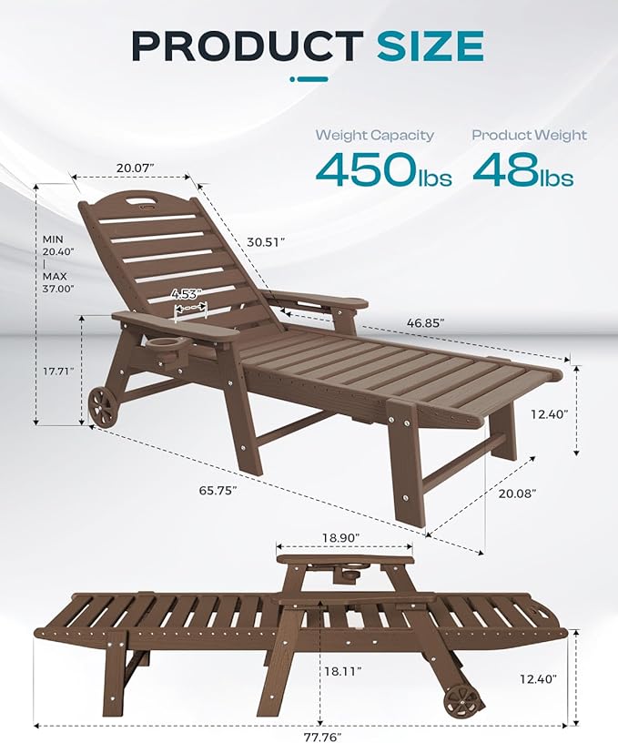 Ciokea Lounge Chair Outdoor, Oversized Chaise Lounge Chair with 5 Positions, HDPE, Patio Lounge Chair with Wheels & Cup Holder for Pool, Deck, Poolside, Dark Brown