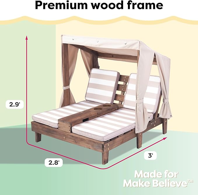 KidKraft Wooden Outdoor Double Chaise Lounge with Cup Holders, Patio Furniture for Kids or Pets, Espresso with Oatmeal and White Striped Fabric