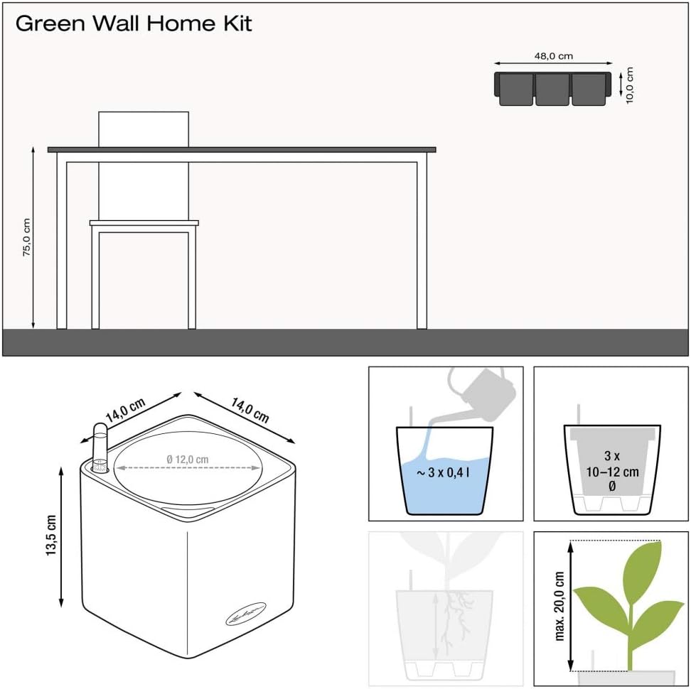Lechuza Green Wall Home Kit Glossy Cream White High Gloss, 3 Self-Watering Hanging Planters on Metal Bar, H5.5 L18.9 W5.9 in