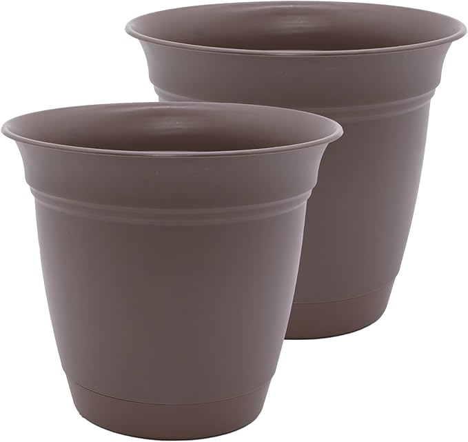 The HC Companies 20 Inch Eclipse Round Planter Pots with Drainage Holes & Attached Saucer, Lightweight UV-Resistant Plastic Indoor & Outdoor Planters, 2-Pack Flower Pots, Garden Home Decor, Cappuccino