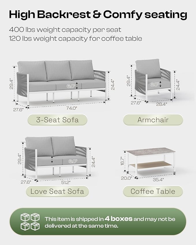 Aluminum Outdoor Patio Couch, 3 Seats HDPE Rope Patio Sofa with Washable Thick Cushion, All-Weather Patio Furniture for Balcony, Yard, White Frame, White